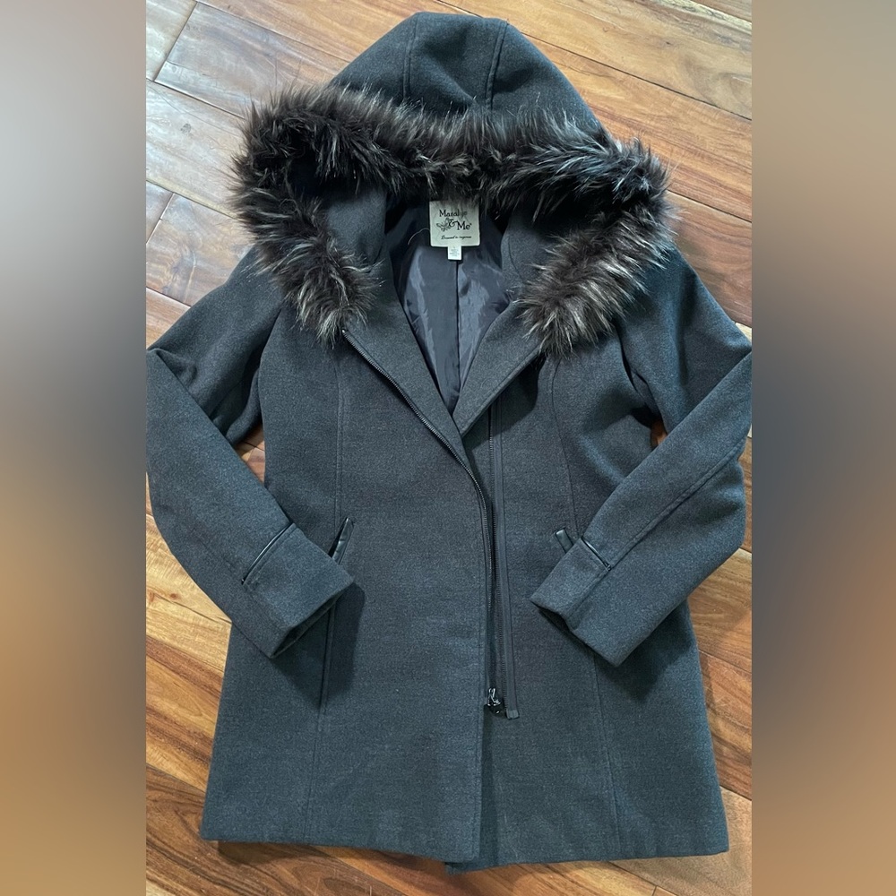 Maralyn & Me Charcoal Coat with Faux Fur Hood